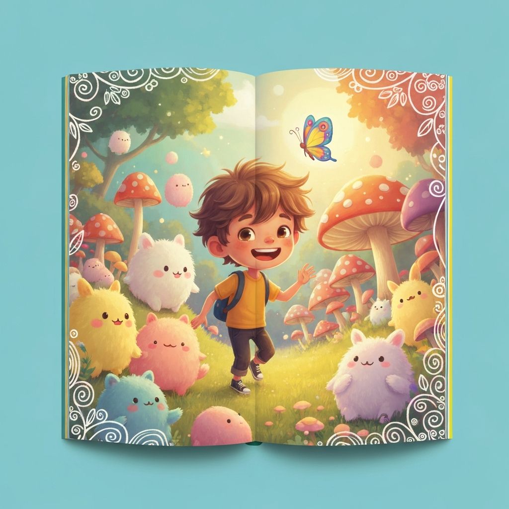 Whimsical children's book illustration of a young character in a magical landscape