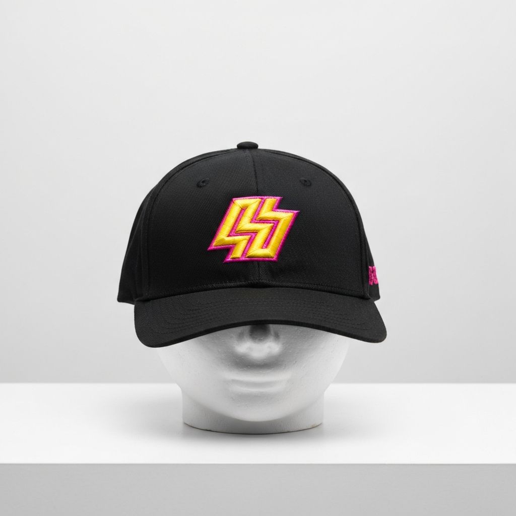 Black baseball cap with embroidered logo design