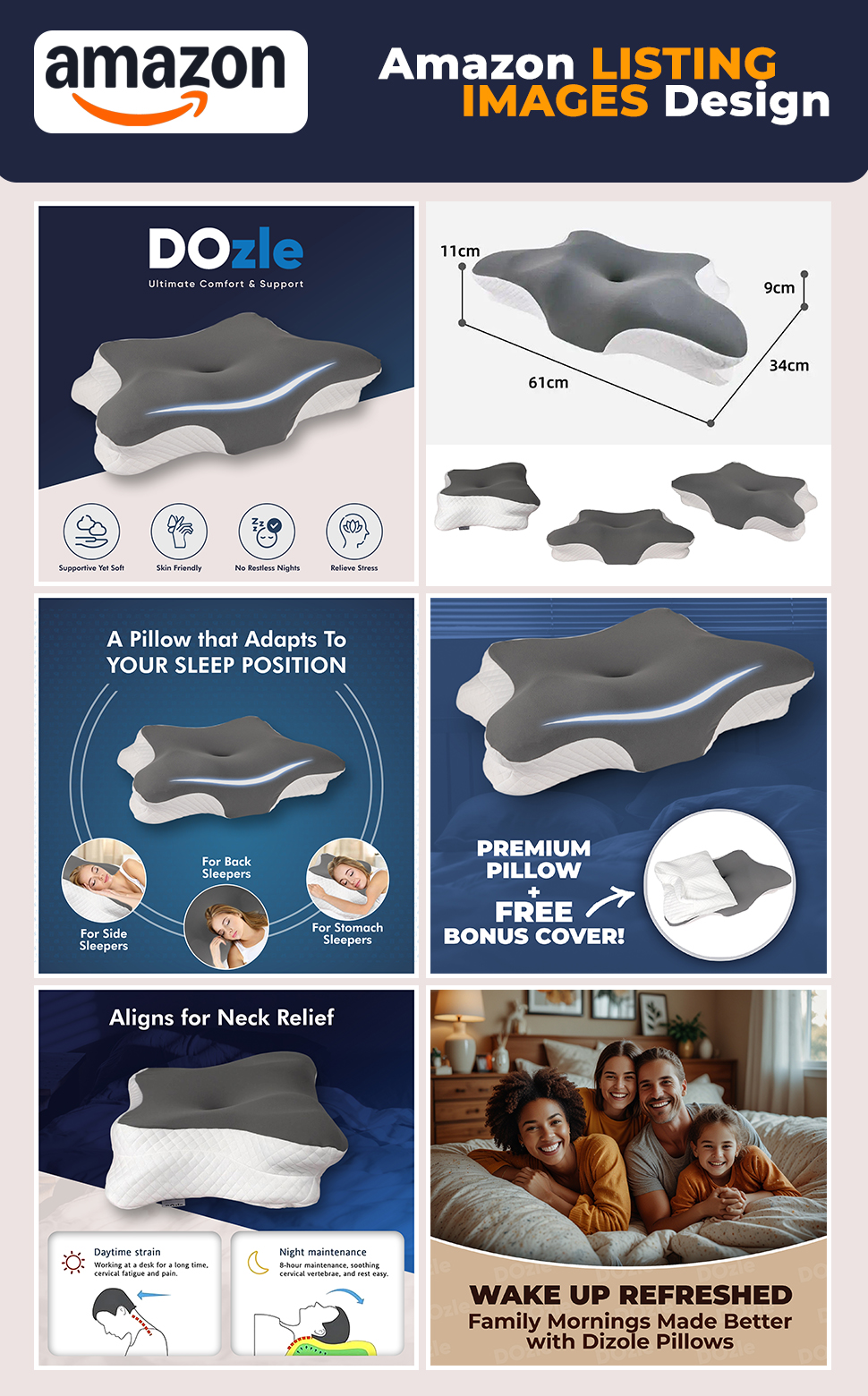 Full Amazon A+ content listing preview for DOzle pillow
