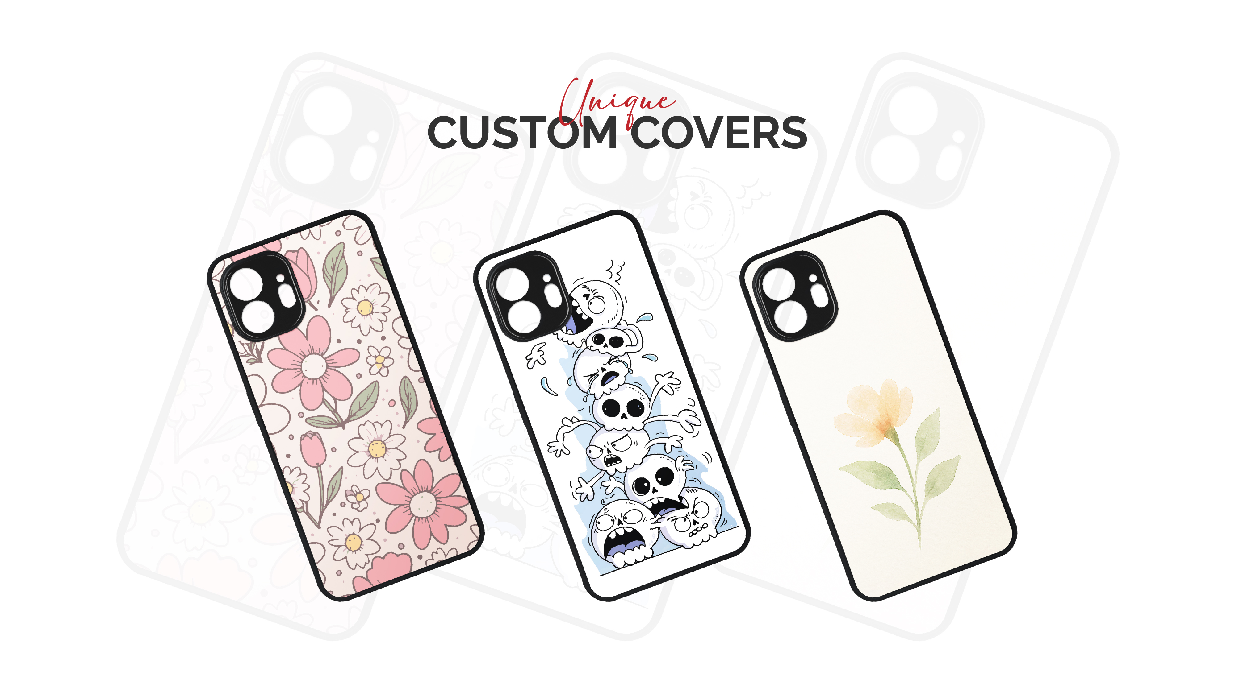 Three unique custom phone case designs — floral pattern, skeleton characters, and watercolor flower