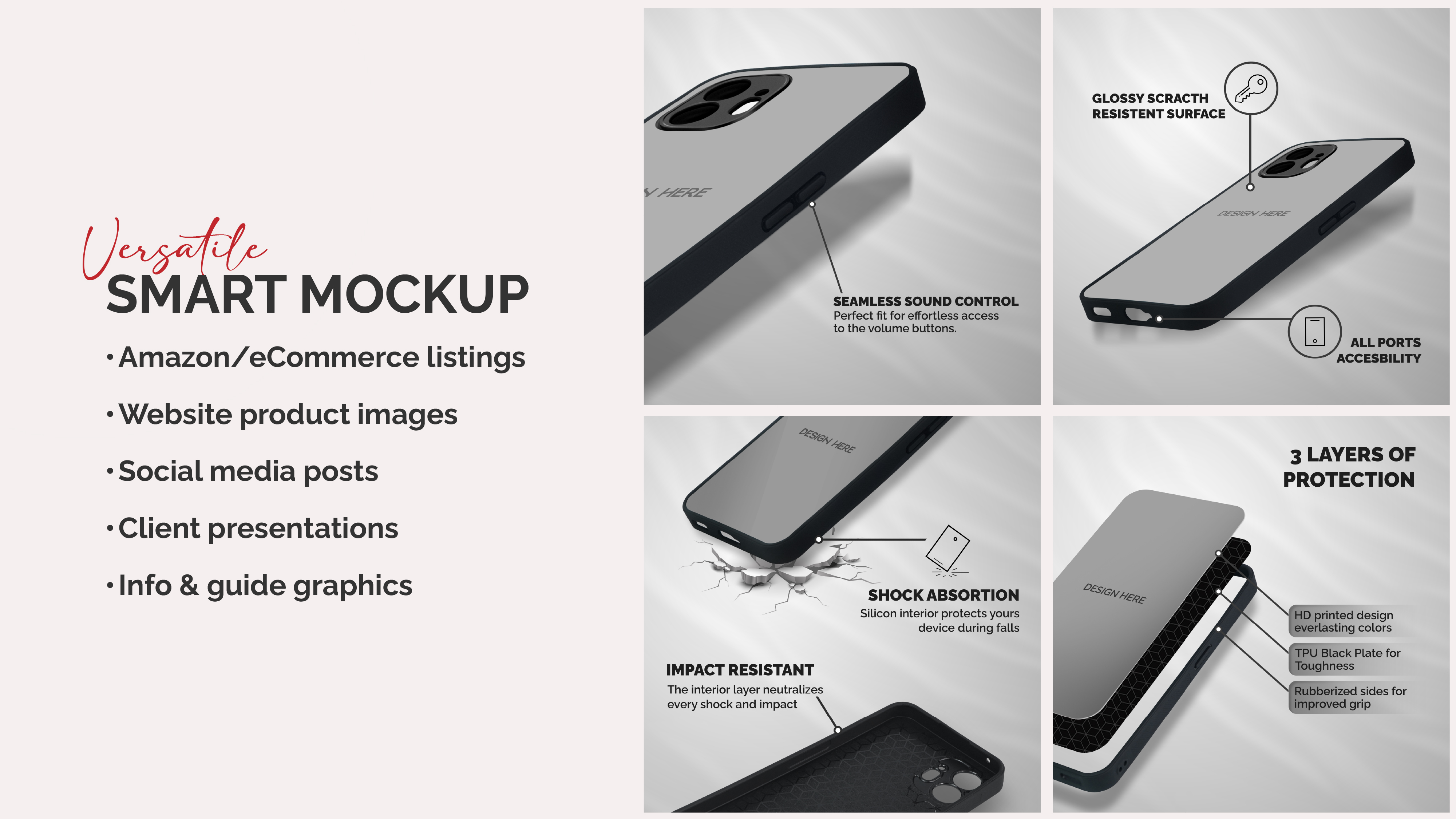 Versatile smart mockup — close-up details showing port accessibility, shock absorption, scratch resistance, and 3-layer protection