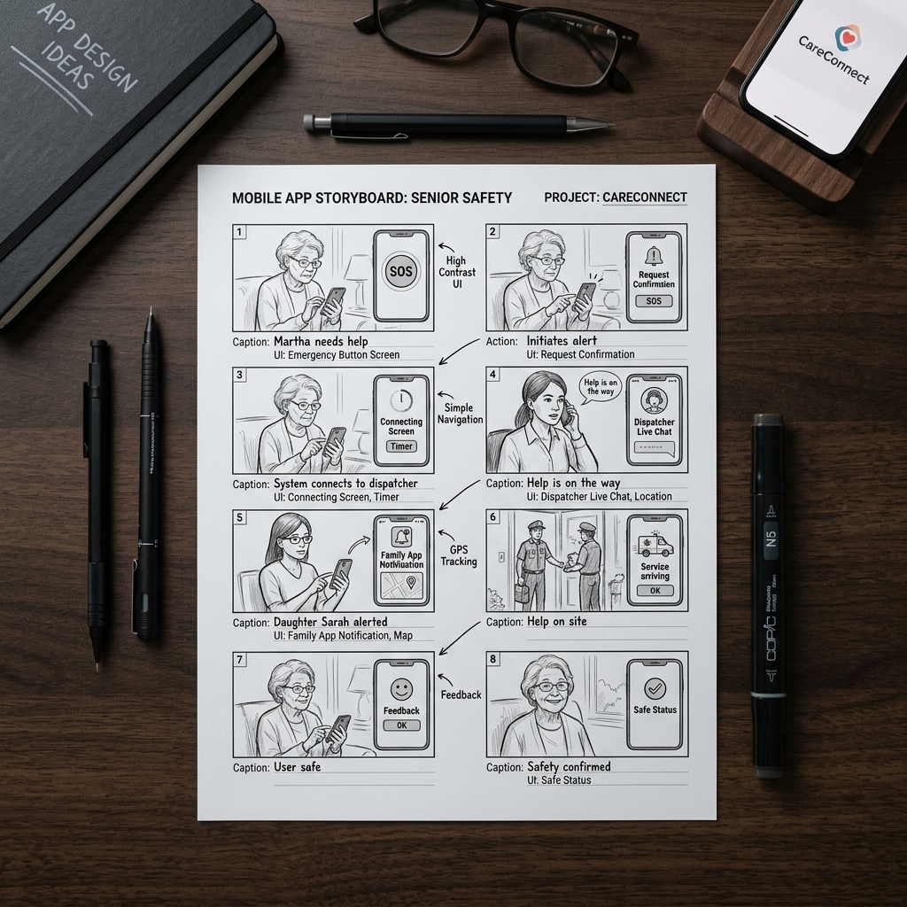 Storyboard sheet photographed on a desk for the mobile app step-by-step guide